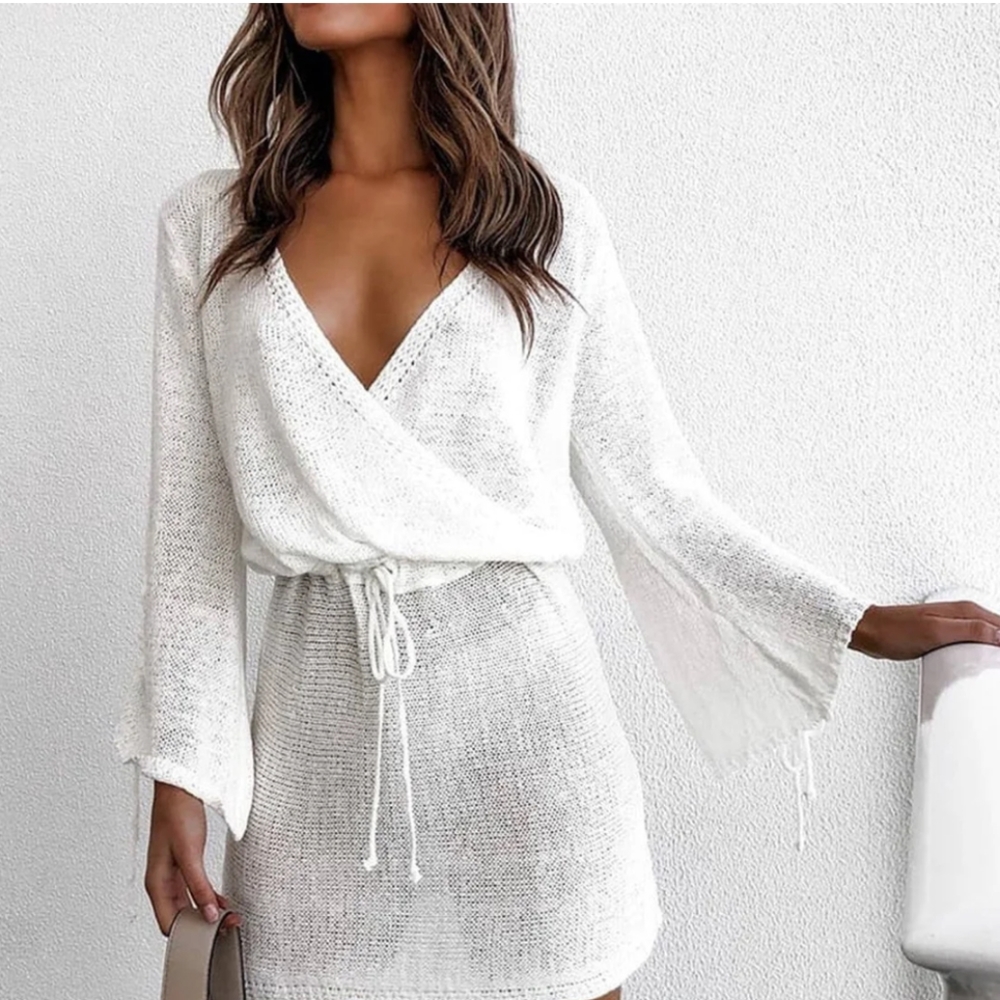 L space mini dress with the tassels tie in front v neck cross for wrap